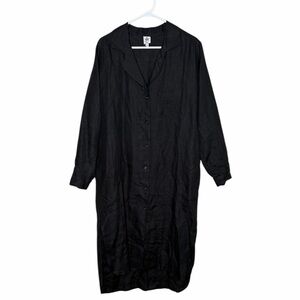 Crown Linen Designs 100% Linen Midi Dress Size Medium Black Button Up Collared